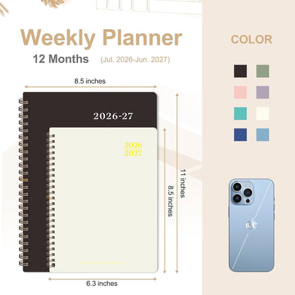 Planner 2026-2027, Weekly and Monthly Calendar Planner, JUL 2026 - JUN 2027 | A5(6.3'' x 8.5''), Hardcover, Agenda Book, Sprial Bound, Inner Pocket, Office and School Use
