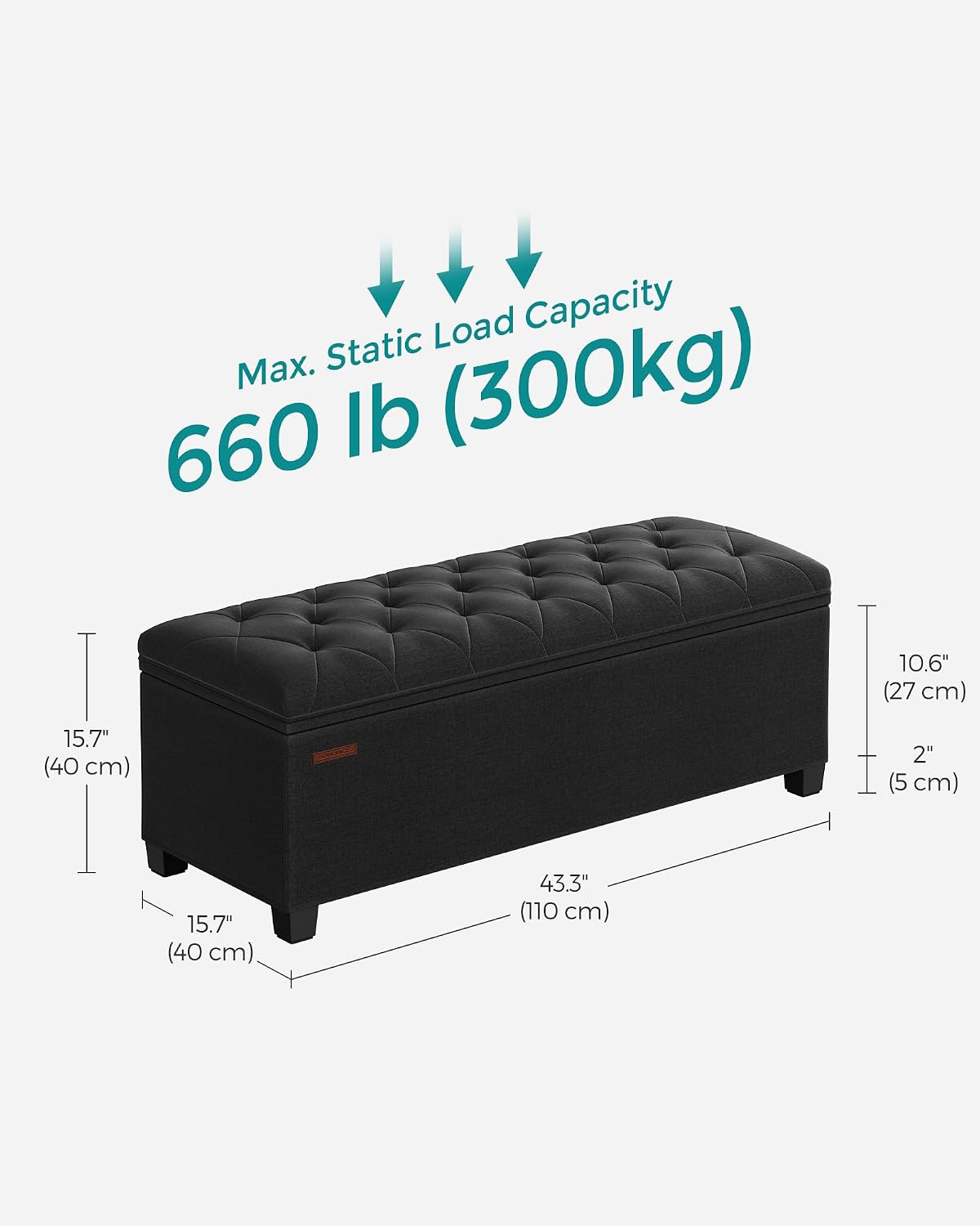 SONGMICS Storage Ottoman Bench, Foot Rest with Legs, 15.7 x 43.3 x 15.7 Inches, End of Bed Bench, Storage Chest, Load up to 660 lb, for Living Room, Bedroom, Entryway, Dark Gray ULSF088G01