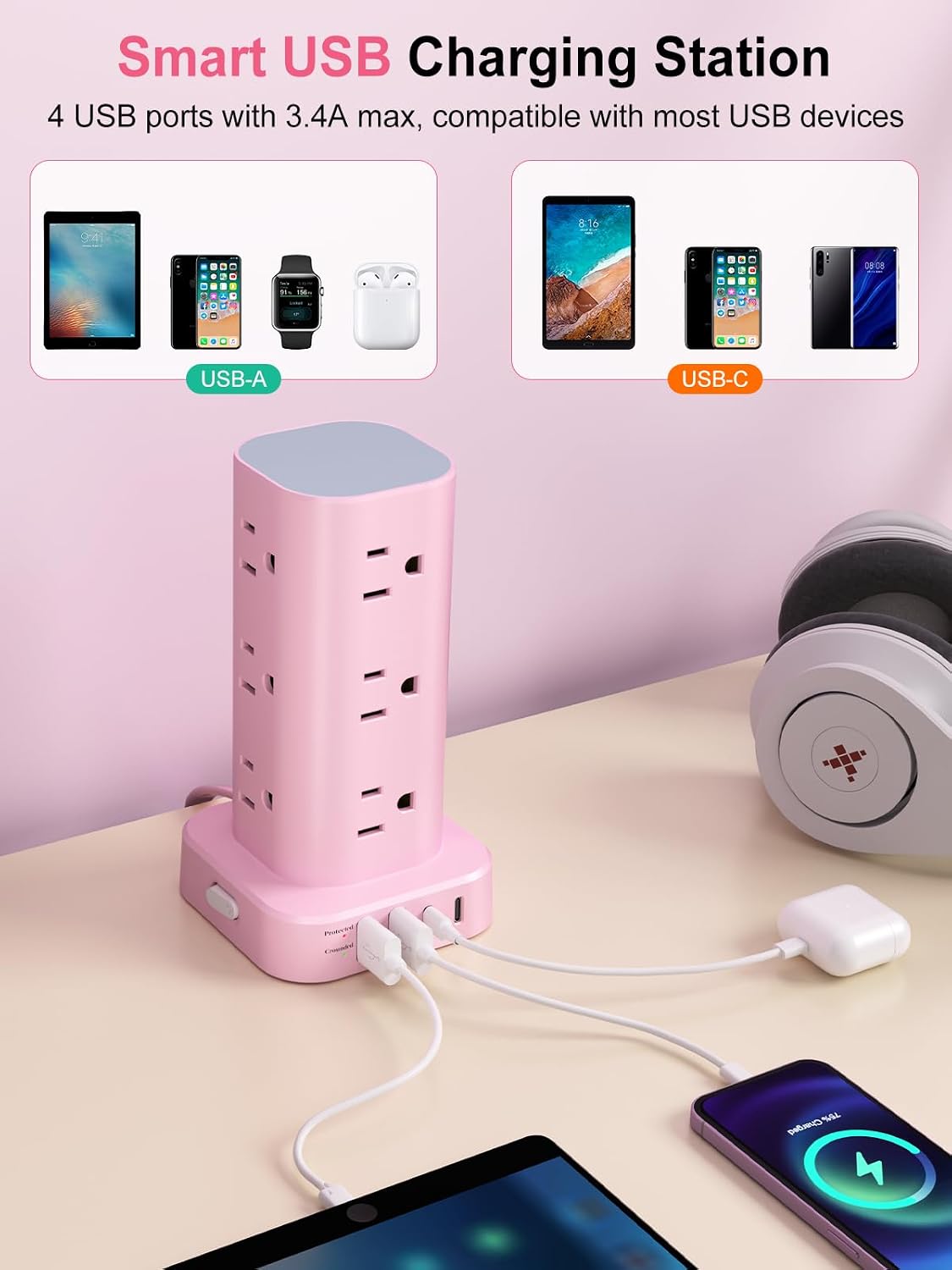 6FT Power Strip Tower Surge Protector, 12 Wide Spaced Outlets, 4 USB