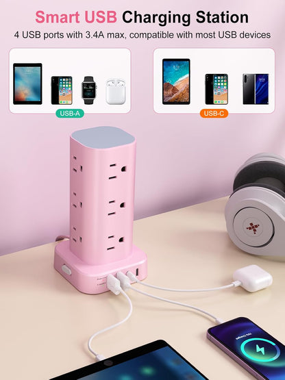 6FT Power Strip Tower Surge Protector, 12 Wide Spaced Outlets, 4 USB