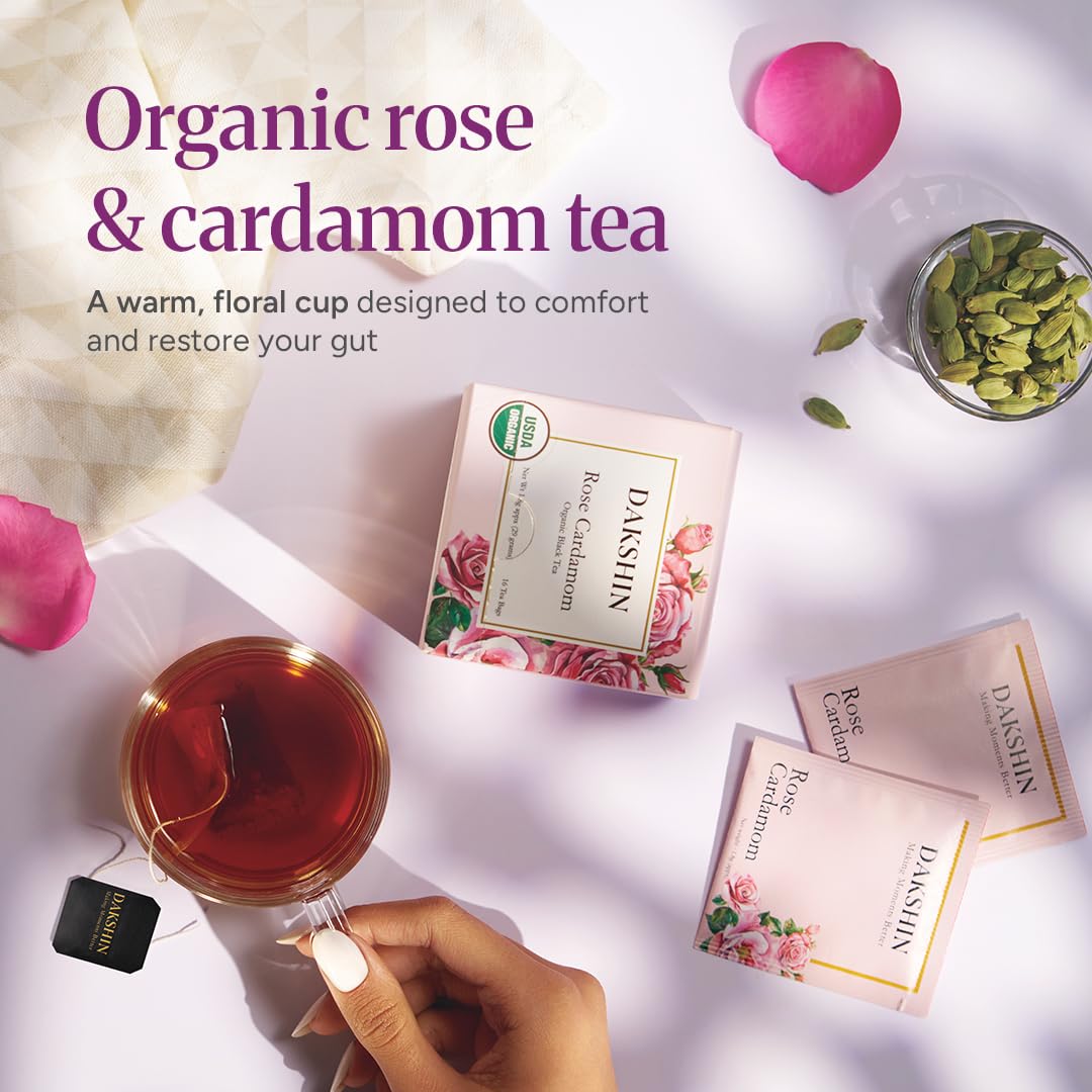 DAKSHIN Organic Rose Cardamom Tea Bags | Black Tea with Rose Petals, Ginger Root & Cloves | Naturally Warming & Comforting | USDA Organic | 16 Tea Bags