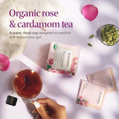 DAKSHIN Organic Rose Cardamom Tea Bags | Black Tea with Rose Petals, Ginger Root & Cloves | Naturally Warming & Comforting | USDA Organic | 16 Tea Bags
