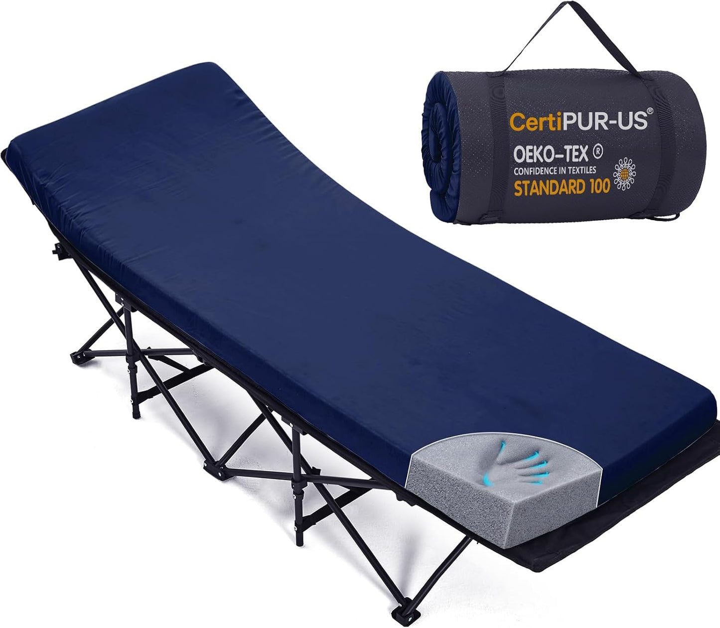 CYMULA Camping Cot Pad 2 Inch Memory Foam, Camping Pad for Folding Cot and Foldable Cot, Portable Roll Up Camp Gear for Car Camping Travel Tent, Non-Slip Waterproof Bottom, Removable Cover, Pad Only