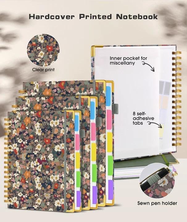 Hardcover Spiral Notebook journal with Removable Dividers Tabs, 300 Pages Leather 5 Subject Notebook College Ruled, 8"x10" Large B5 Notebooks for Work School Note taking, Lined Journal for Women,Black