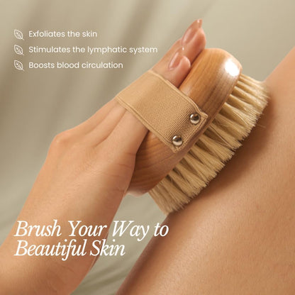 Bare Botanics 17" Dry Brushing Body Brush - Medium Firmness, Natural Color & Silicone Grip - Extra Long Bath Brush - Ergonomic Curved Handle Design w/Hang Rope - Back Scrubber for Shower