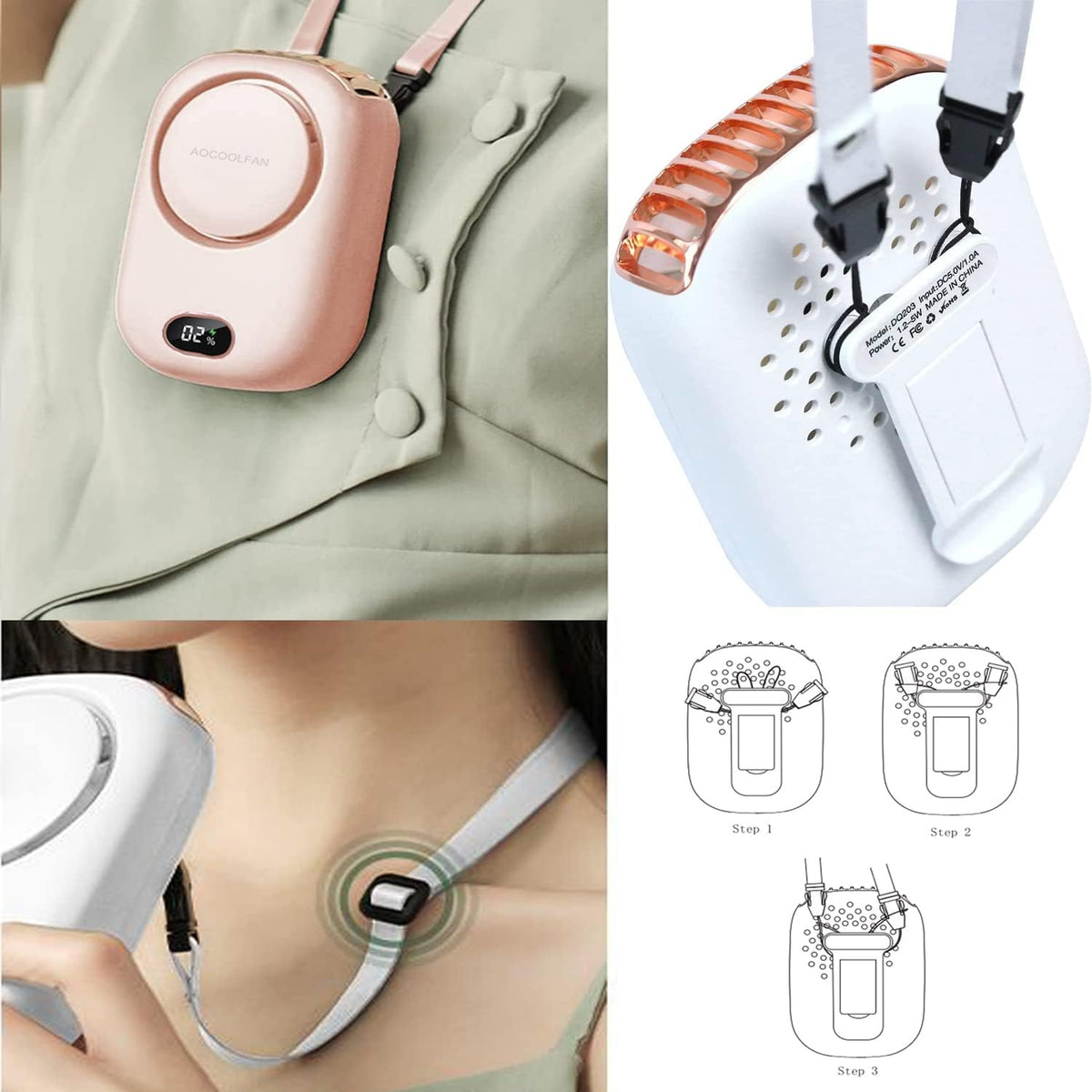 AOCOOLFAN Portable Neck Fan, Mini Small Personal Handheld Fan USB Rechargeable 3 Speed for Girls Boys Woman Eyelash Travel Home Office Outdoor (White)