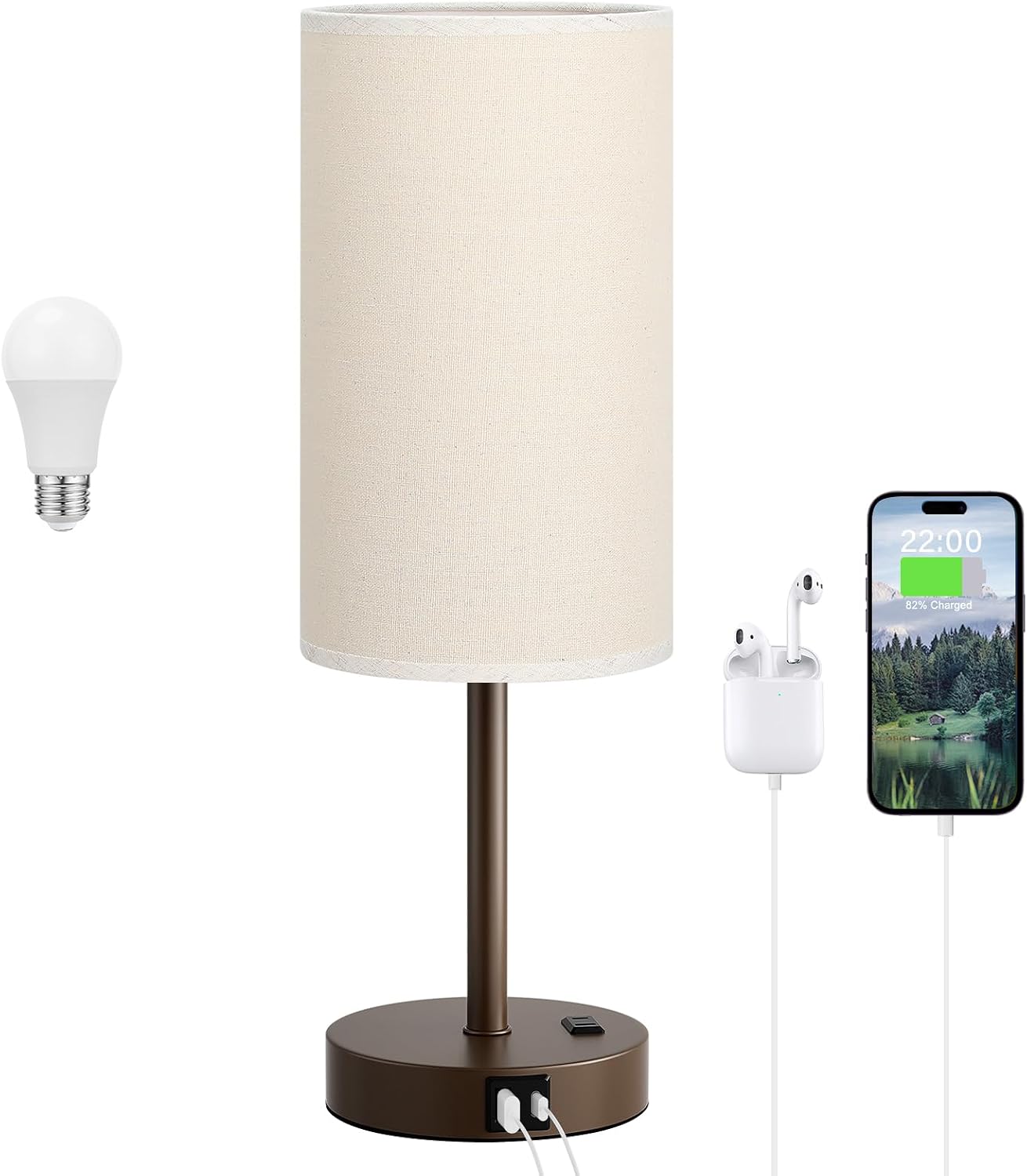 Dicoool Touch Bedside Table Lamp with USB - 3 Way Dimmable Wood Lamp for Bedroom Nightstand, Desk Lamp with Charging Station for Dorm, Living Room, Office, Kids Room, Small, 14in