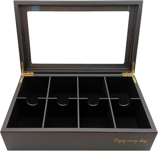 BJOYFUL&LOVED BJL Tea Bag Organizer, Wooden Tea Box with 8 Compartments, Large Capacity Tea Holder for Storage, Decorative Vintage Handmade Tea Container, Cherry Color, with Window Lid