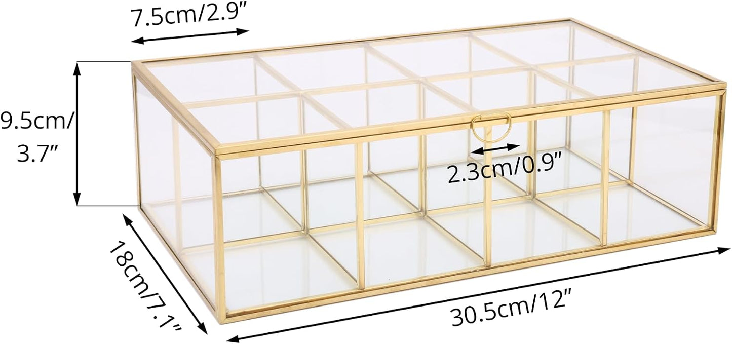 NCYP Glass Tea Bags Organizer with 5 Grids Compartments, Indoor Counter Top Brass Display Case with Lid, Storage Box, Gold, Decor, Teabag Storage, 14.5 x 3.6 x 3.66 Inches (Glass Box Only)