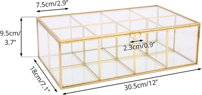 NCYP Glass Tea Bags Organizer with 5 Grids Compartments, Indoor Counter Top Brass Display Case with Lid, Storage Box, Gold, Decor, Teabag Storage, 14.5 x 3.6 x 3.66 Inches (Glass Box Only)