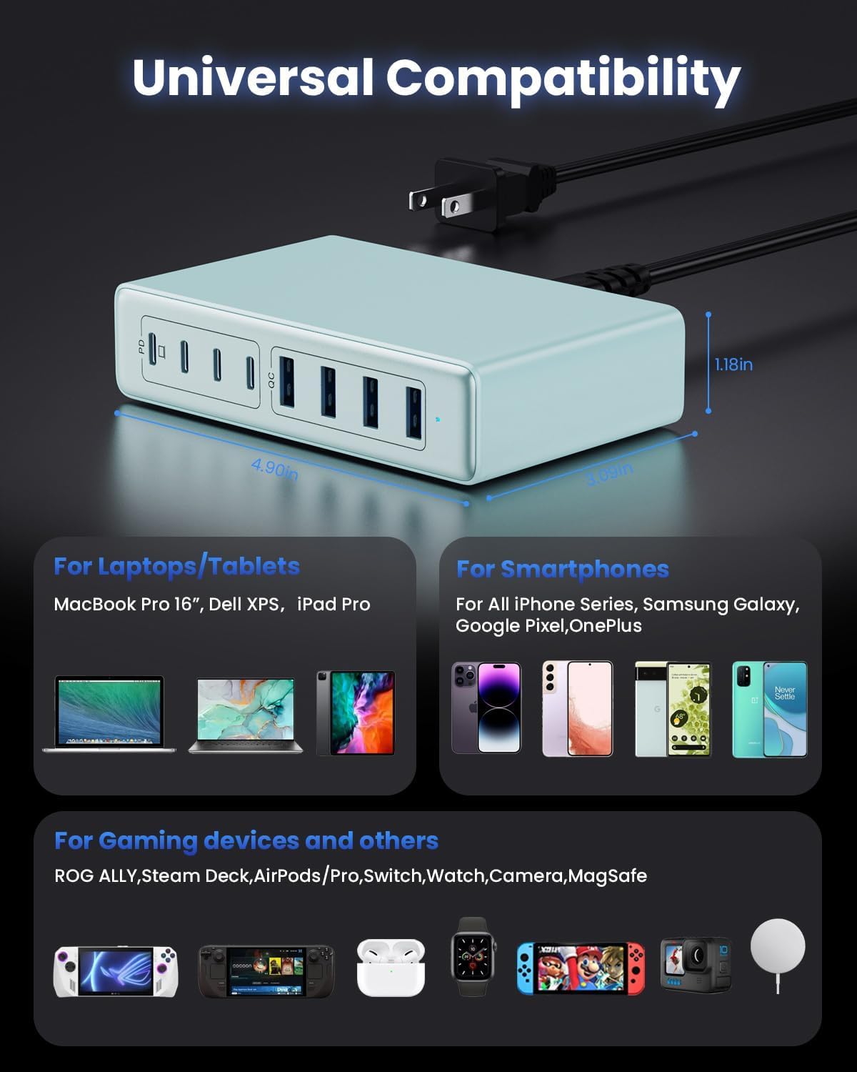 USB C Charger 200W USB C Charger Block,Upgraded GaN III 8-Port Fast Charging Station Hub,PD 65W Laptop Charging Adapter Compatible with MacBook Pro/Air,DELL,Steam Deck,iPhone 16/15/14,Galaxy S23/22