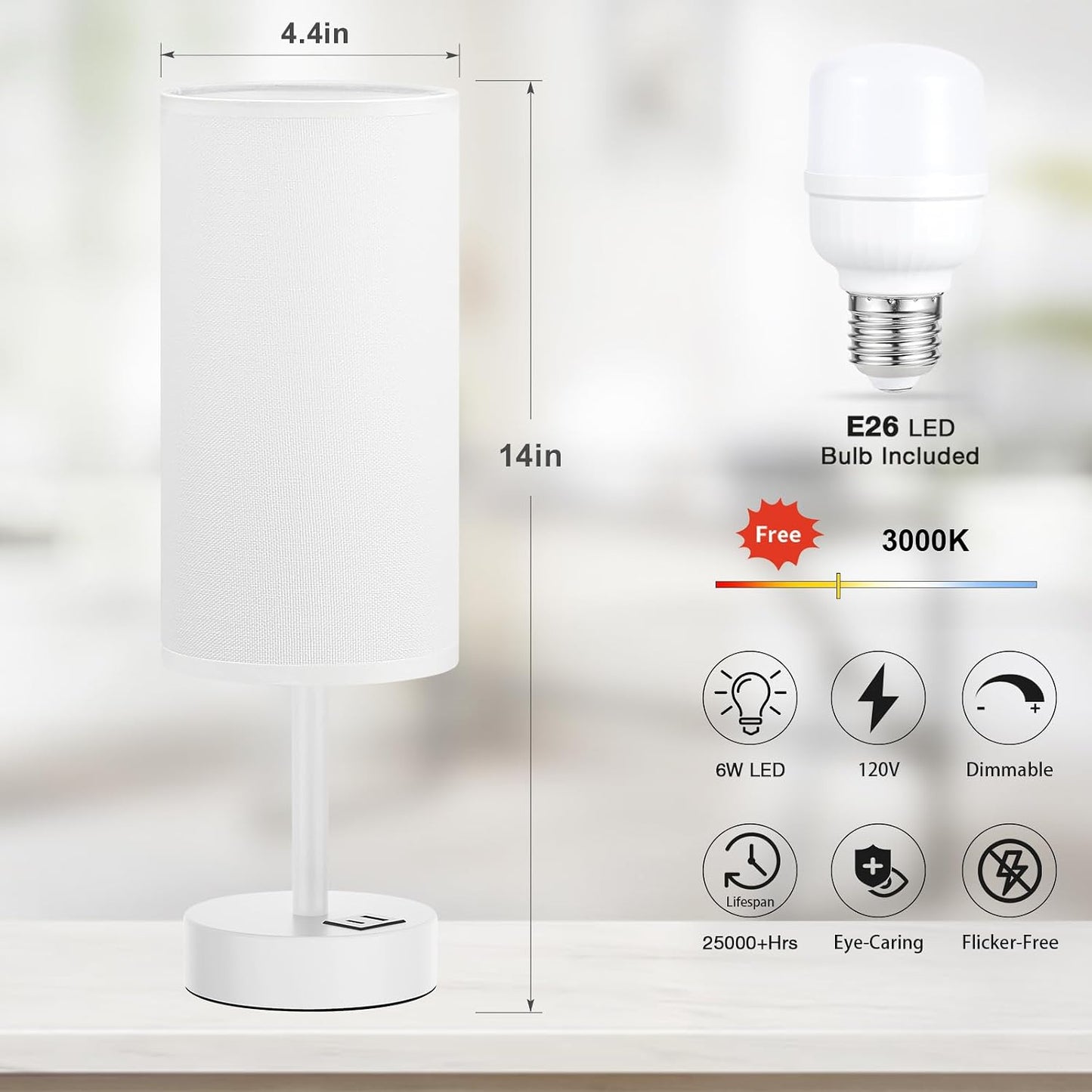 Dicoool Touch Bedside Table Lamp with USB - 3 Way Dimmable Wood Lamp for Bedroom Nightstand, Desk Lamp with Charging Station for Dorm, Living Room, Office, Kids Room, Small, 14in