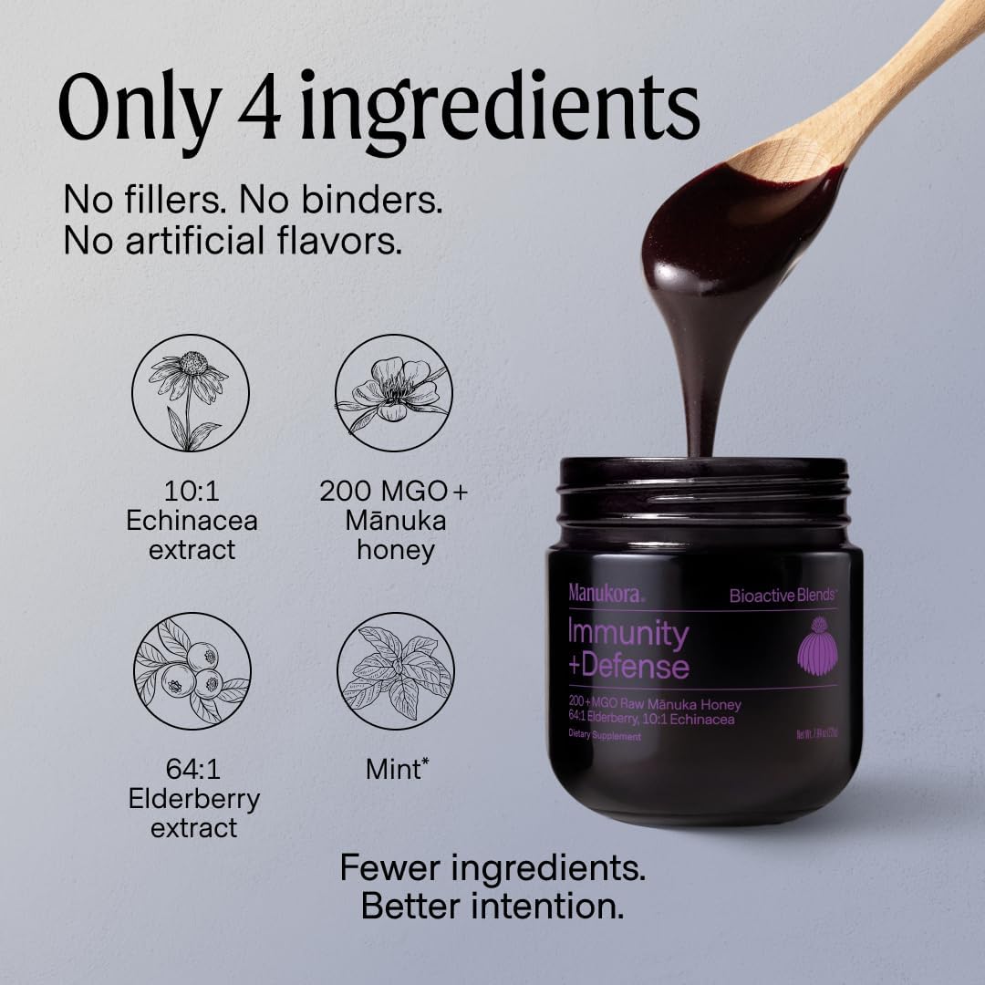 Manukora Immunity + Defense, Elderberry & Echinacea, Raw Manuka Honey, 225g