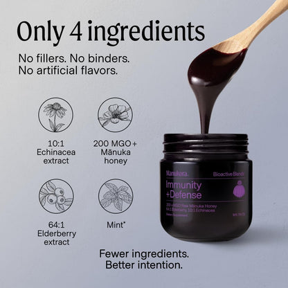 Manukora Immunity + Defense, Elderberry & Echinacea, Raw Manuka Honey, 225g
