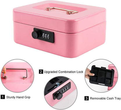 KYODOLED Small Cash Box with Combination Lock & Removable Money Tray, Black
