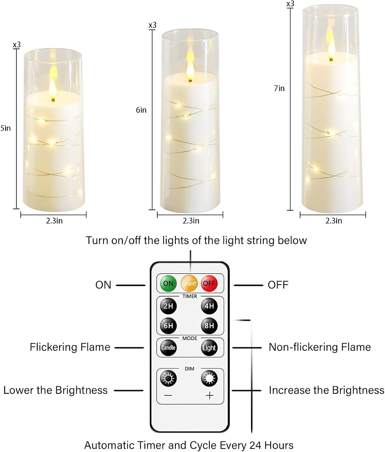 Nimiko Flickering Flameless LED Candles,Battery Operated Candles 24 Pcs with Embedded Star String,Acrylic LED Pillar Candles with Remote,Suitable for Home Decoration to Create an Atmosphere (White)