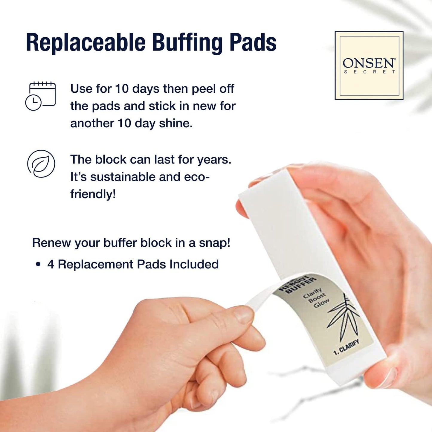 Onsen Secret Professional Nail Buffer Block | 4-Way Buffing for Natural Shine & Healthy Natural Nails - Includes 2 Extra Shine Pads, Salon-Quality, Post-Gel & Acrylic Recovery | 1 Pack