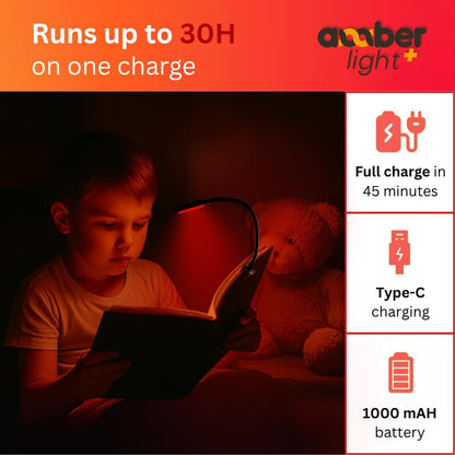 Amber Reading Light + Redlight. Giftable Blue Light Blocking Book Light for Reading in Bed
