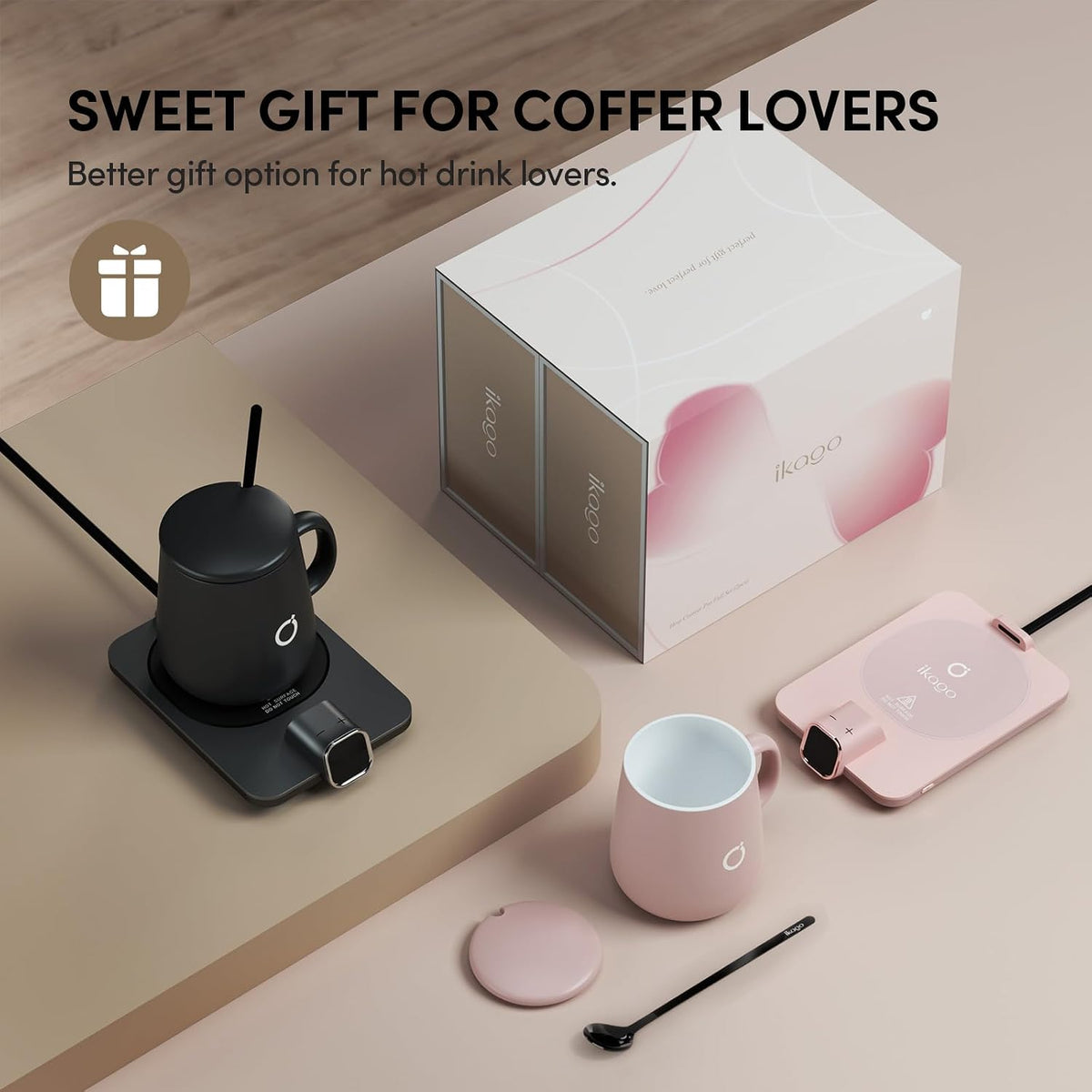 Coffee Cup Warmer & iKago Mug Set, 1℉ Precise Temp Control Mug Warmer