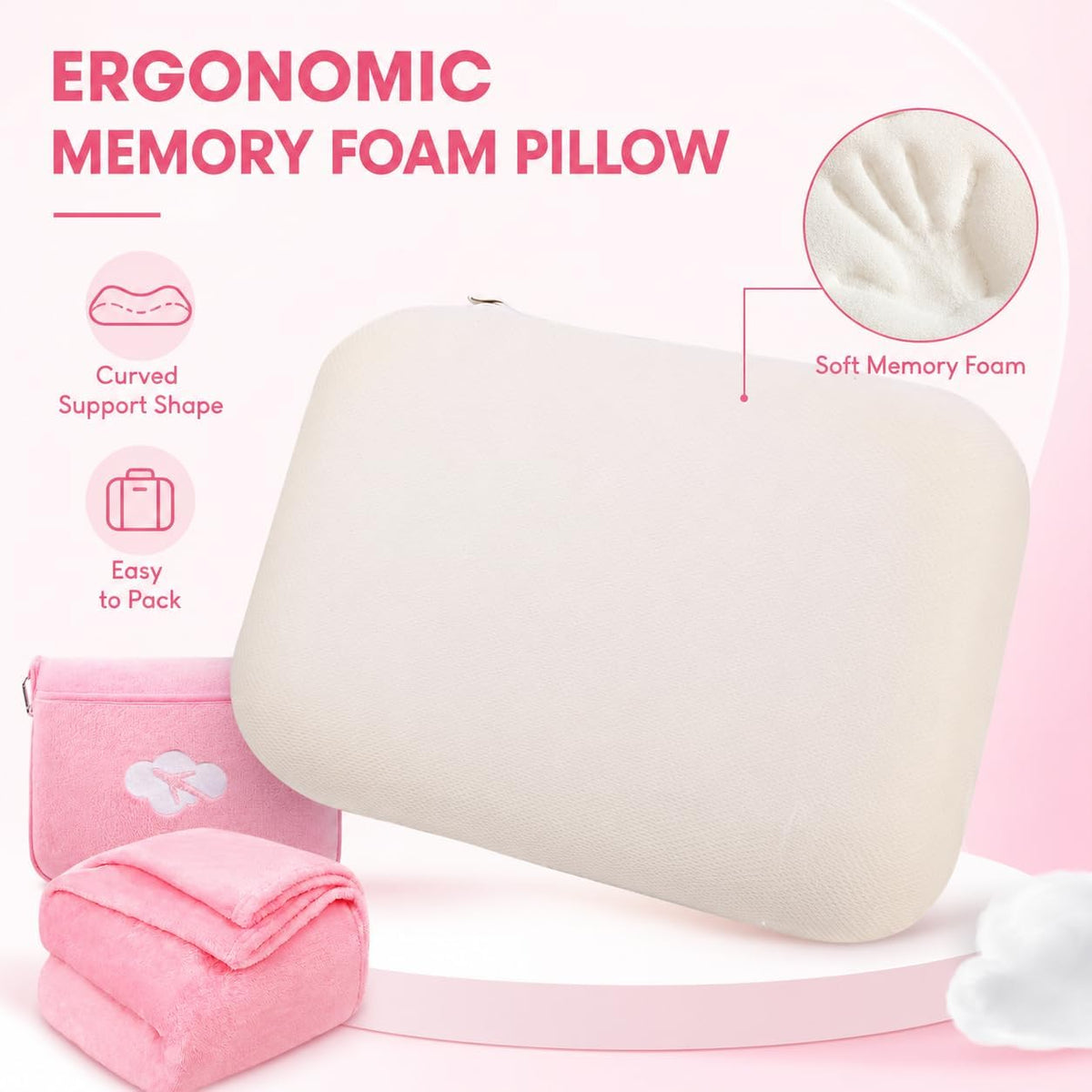 Blanket Pillow for Airplane Travel Essentials -3 In 1 Plane Travel Set Pink