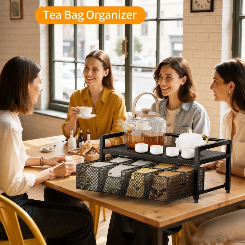 Tea Bag Organizer, Tea Bag Holder with Drawer, Wood and Metal Tea Organizers and Storage Chest for Countertop Kitchen, Office, Rustic Brown
