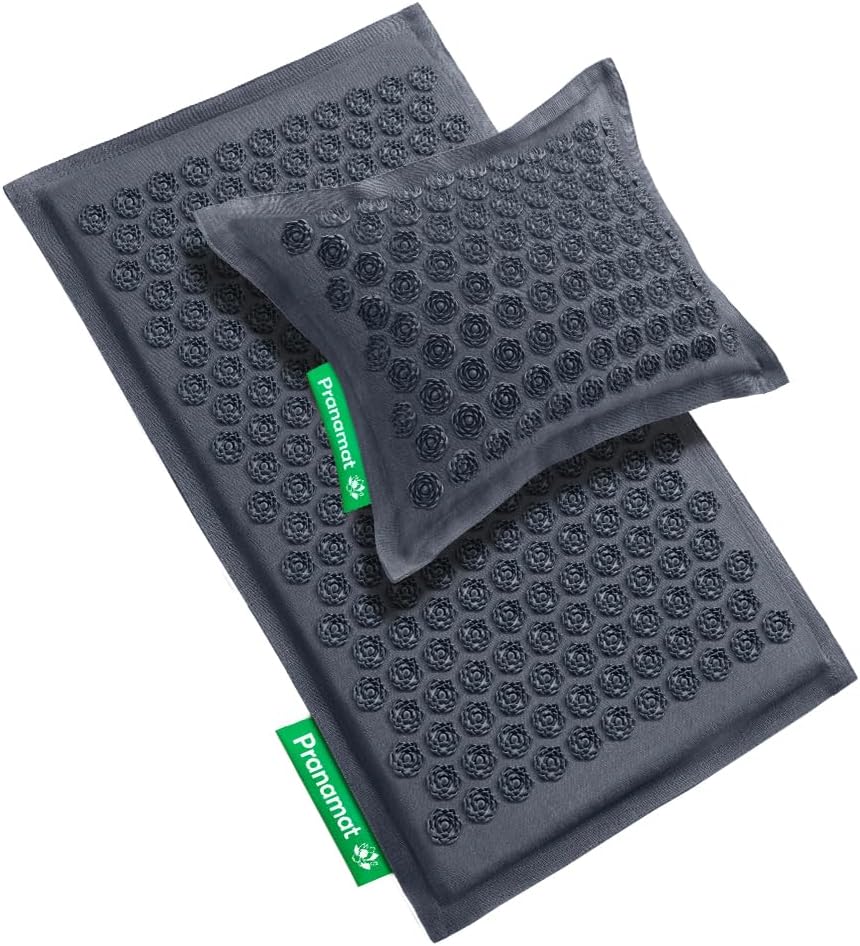 Pranamat Acupressure Large Mat and Pillow Set, Premium Acupressure Therapy for Pain Relief and Relaxation, Handcrafted in Europe with Sustainable and Natural Materials (Obsidian)