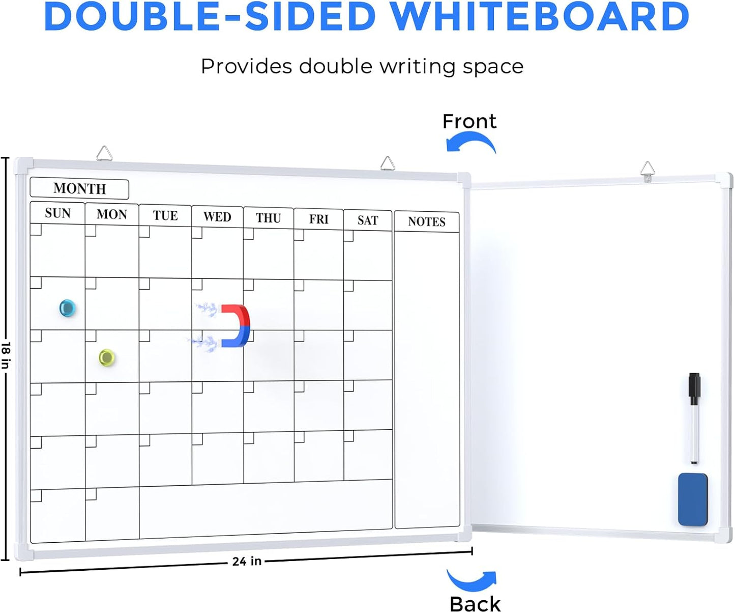 MaxGear Monthly Calendar Dry Erase Board for Wall, 16"x12", White Frame | Double-Sided, Hanging Small White Board, Portable Whiteboard for Planning, Drawing, Memo, to Do List, Home, Kitchen, Office