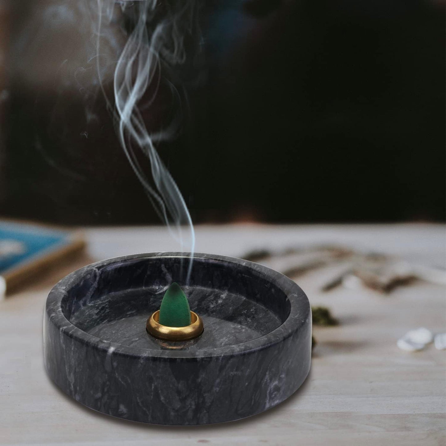 Vrupin Natural Marble Incense Burner, Handmade Incense Stick Incense Burner Reflux Burner, Ideal for use in Meditation, Incense Smokers and Decoration. (Black)