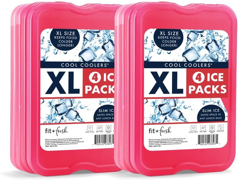 Cool Coolers by Fit & Fresh 4 Pack XL Slim Ice Packs, Quick Freeze Space Saving Reusable Ice Packs for Lunch Boxes or Coolers
