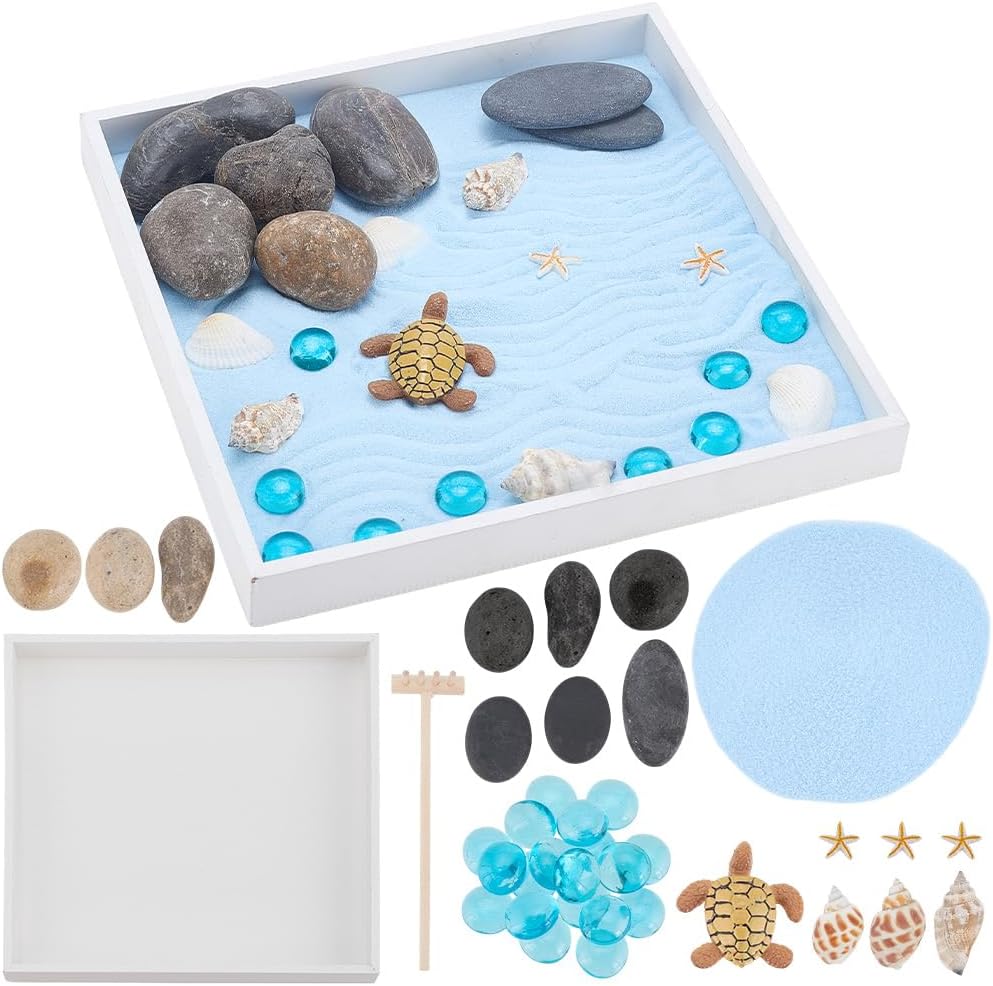 WEBEEDY Sea Turtle Zen Garden Kit for Desk Japanese Garden Kit,Mini Desktop Zen Decor with Wooden Tray,Sand,Tools for Home Office Relaxation Meditation Gift,Square(7.9x7.9/20x20cm)