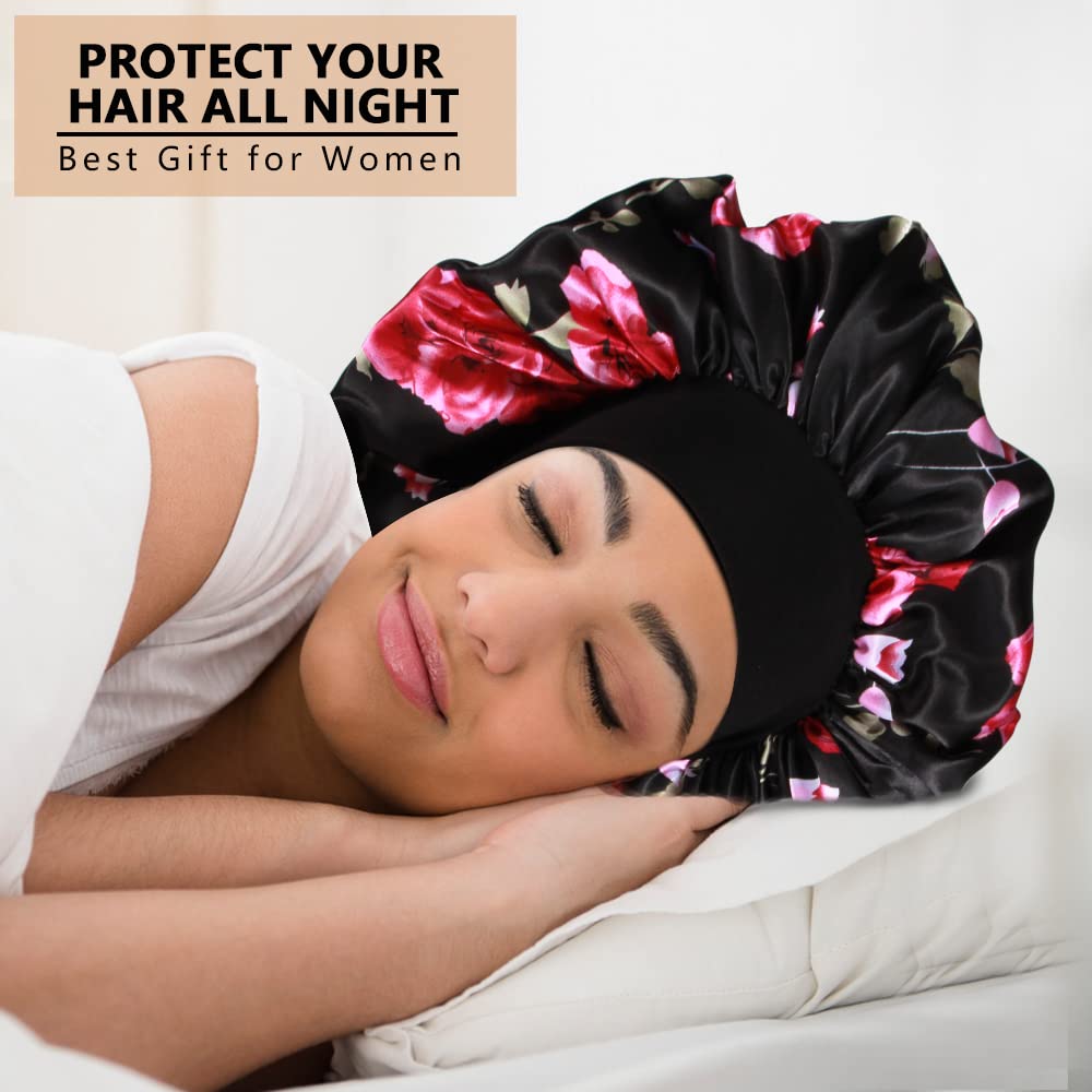 3PCS Extra Large Satin Bonnets for Sleeping, Hair Bonnets for Black Women Braids Curly Hair, C