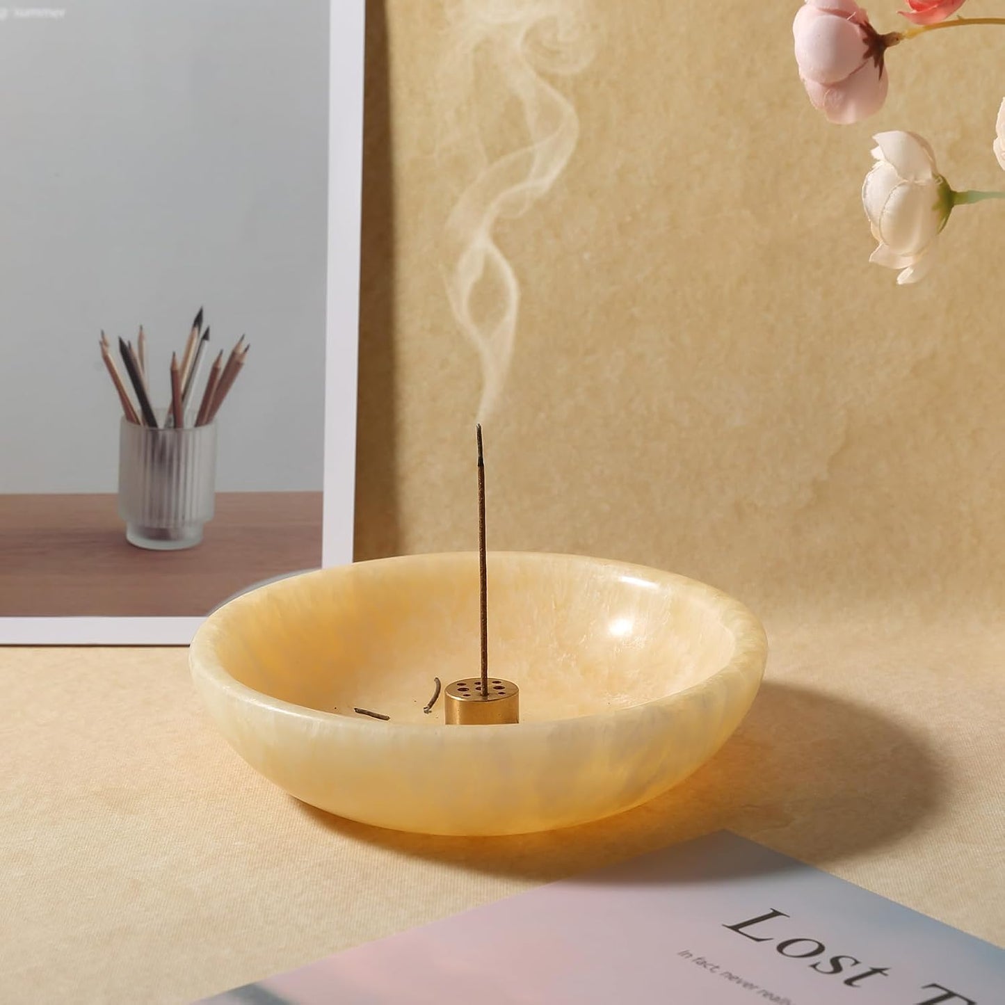 Koville Natural Marble Incense Holder, Incense Holder for Sticks with 9 Holes, Handmade Incense Burner Ash Catcher for Meditation Yoga SPA, Balsam Fir/Palo Santo/Sage/Cone (White)