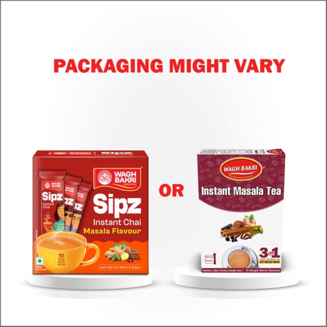 Wagh Bakri Instant Masala Tea | 3 in 1 Sugar+Milk Solids+ Tea | 10 Single Serve Sachets | 140g (4.93 Ounce)