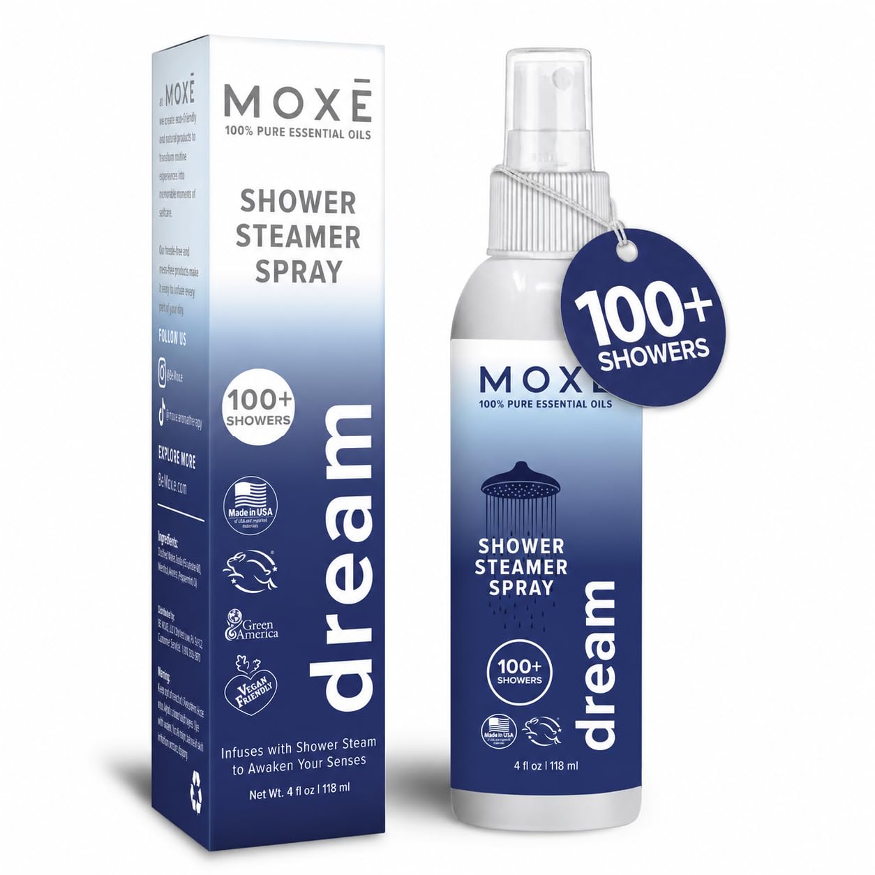 MOXĒ Eucalyptus Oil Shower Mist, Spa Steam Spray, Certified Natural 100% Essential Oils, Made in USA, Aromatherapy, Sinus Congestion Relief, Tension Relief, 4 Ounces