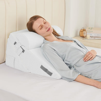 Sasttie Wedge Pillow Set for After Surgery, 2PCS Adjustable Bed Wedge Pillow Headboard with Memory Foam Neck Cushion – for Acid Reflux, Sleeping, Neck & Back Support, Dark Grey & White