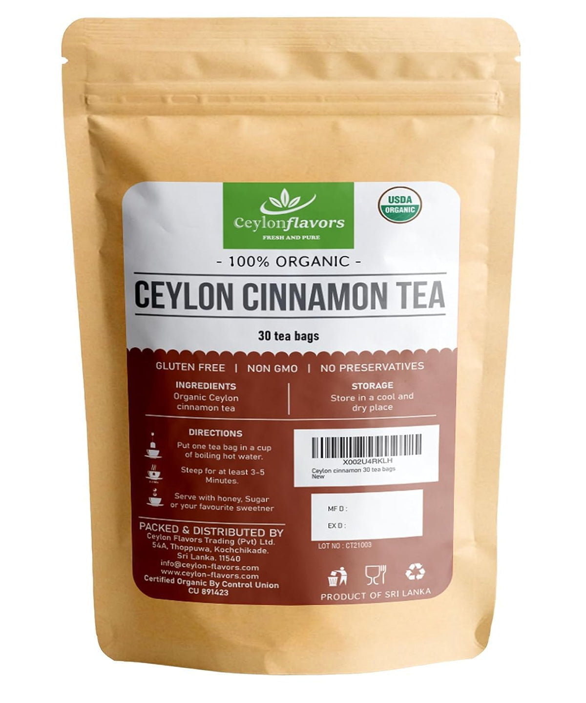 Ceylon Flavors Fresh and Pure Organic Ceylon Cinnamon, 30 Tea Bags, 100% Plant-Based Food-Grade Tea Bags, From Sri Lanka, USDA Certified Organic