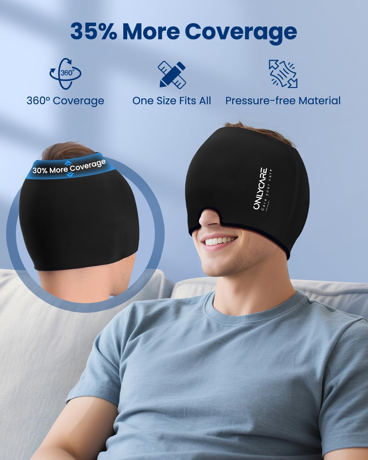 ONLYCARE Migraine Relief Cap, Upgraded Headache Relief Cap with Odorless Reusable Gel Head Wrap, Soothing Face Ice Pack Mask Products with Hot & Cold Therapy for Tension, Stress, Hangover & Puffy Eyes