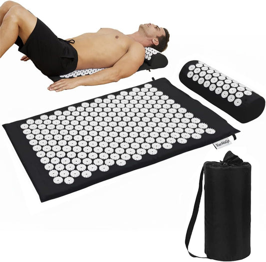 XiaoMaGe Acupressure Mat and Pillow Set with Bag - Extra Long Acupuncture Mat for Neck & Back Pain Relief- Naturally Relaxation Gift for Women - Stress Relief Massage Mat (Black)