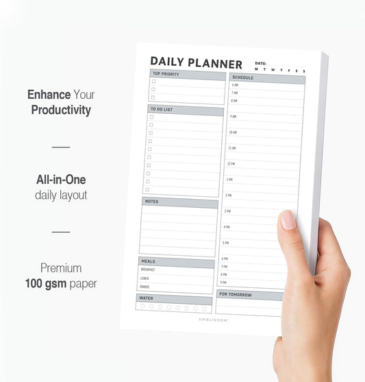 Daily Planner Notepad, 5.5 x 8.5" Tear-Off Pad – 70 Undated Sheets Focus-Enhancing Desktop Organizer with Hourly Schedule, To-Do List for Work, School (White, Colorful, 1 Pack)