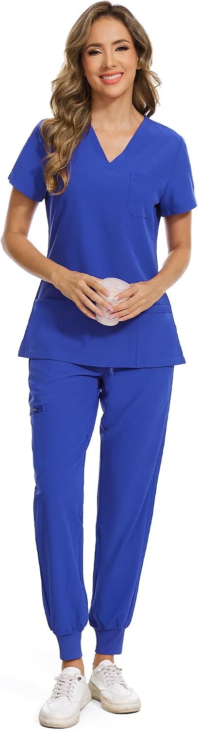 COZYFIT Scrubs for Women Set - Stretch V-Neck Scrub Top & Jogger Pant with 8 Pockets COZY SCRUBS - Colors B