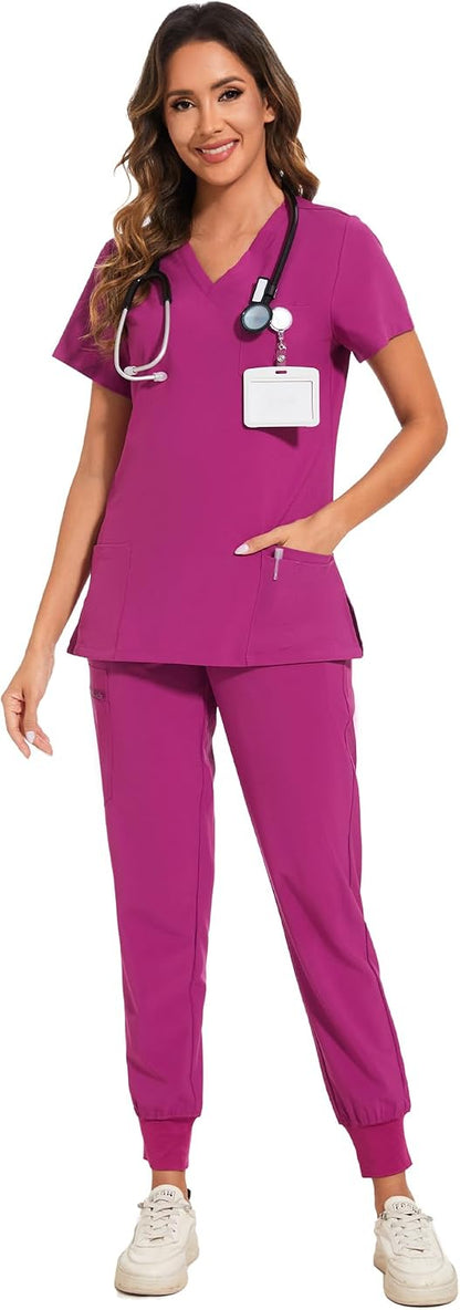 COZYFIT Scrubs for Women Set - Stretch V-Neck Scrub Top & Jogger Pant with 8 Pockets COZY SCRUBS - Colors D