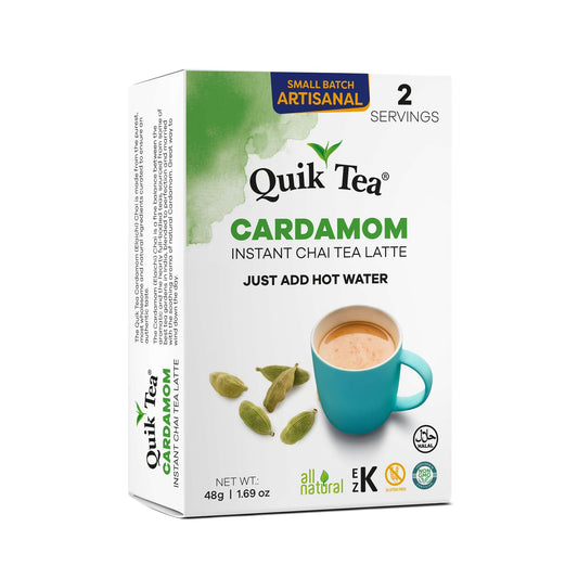 QuikTea Instant Cardamom Chai Tea Latte – 2 Count, warm soothing Cardamom Flavor, low caffeine, No artificial colors, flavors or preservatives – Kosher, gluten free, non-GMO