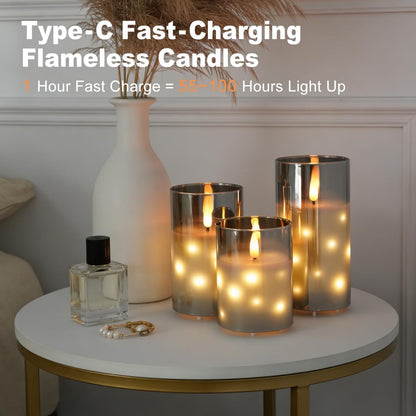LEDHOLYT Rechargeable Flameless Glass Pillar Candles–Gifts for Women,–Set of 3, Realistic Flickering LED Flame,Remote & Timer, Ideal for Living Room, Bedroom & Halloween Festival Home Party Decor