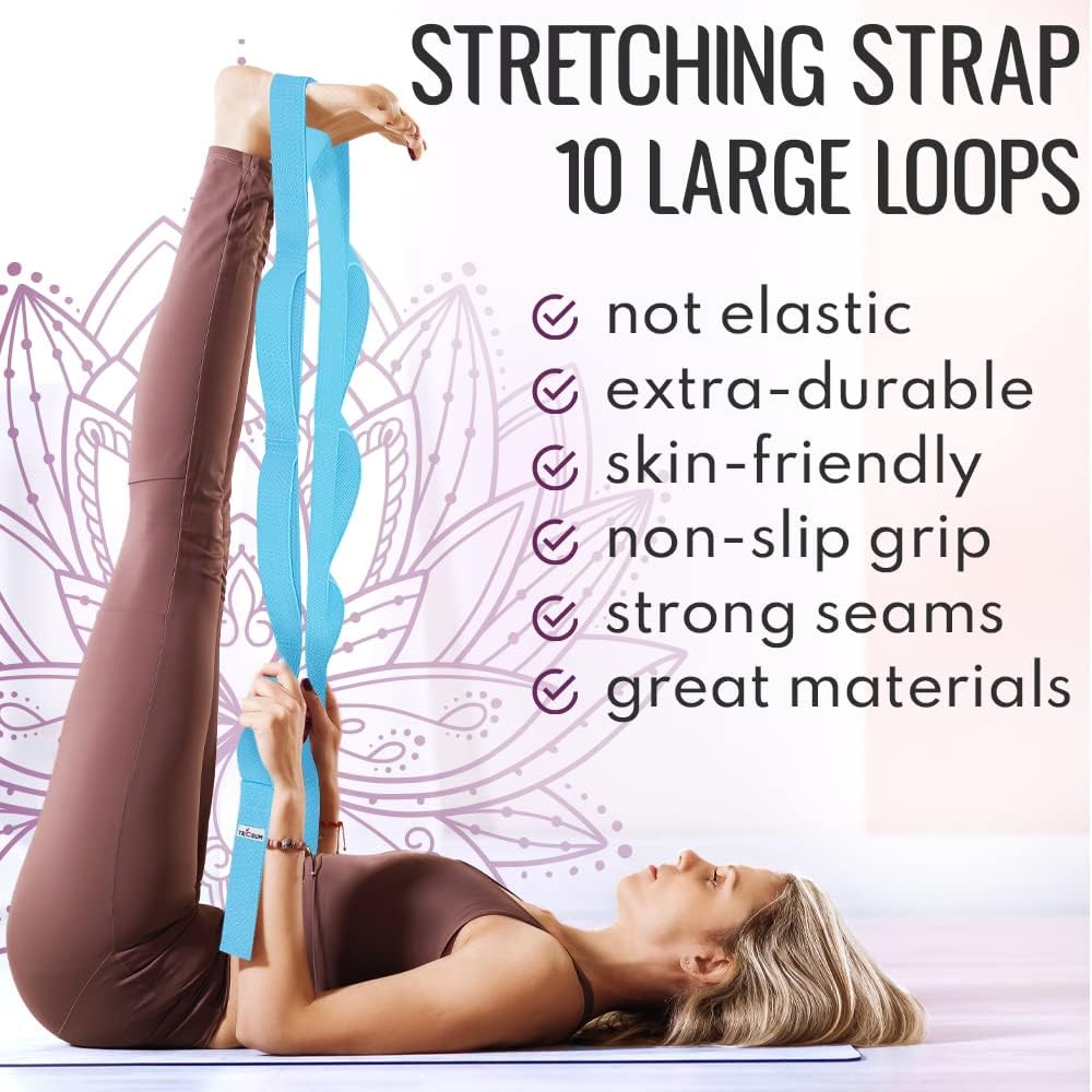 TECEUM Stretching Strap with 10 Loops for Physical Therapy & Rehab | Non-Elastic Yoga Stretch Band for Hamstring, Leg, Hip & Knee Rehab, Pilates, Flexibility & Mobility Exercises for Men & Women