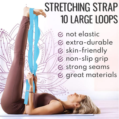 TECEUM Stretching Strap with 10 Loops for Physical Therapy & Rehab | Non-Elastic Yoga Stretch Band for Hamstring, Leg, Hip & Knee Rehab, Pilates, Flexibility & Mobility Exercises for Men & Women