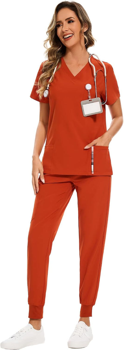 COZYFIT Scrubs for Women Set - Stretch V-Neck Scrub Top & Jogger Pant with 8 Pockets COZY SCRUBS - Colors C