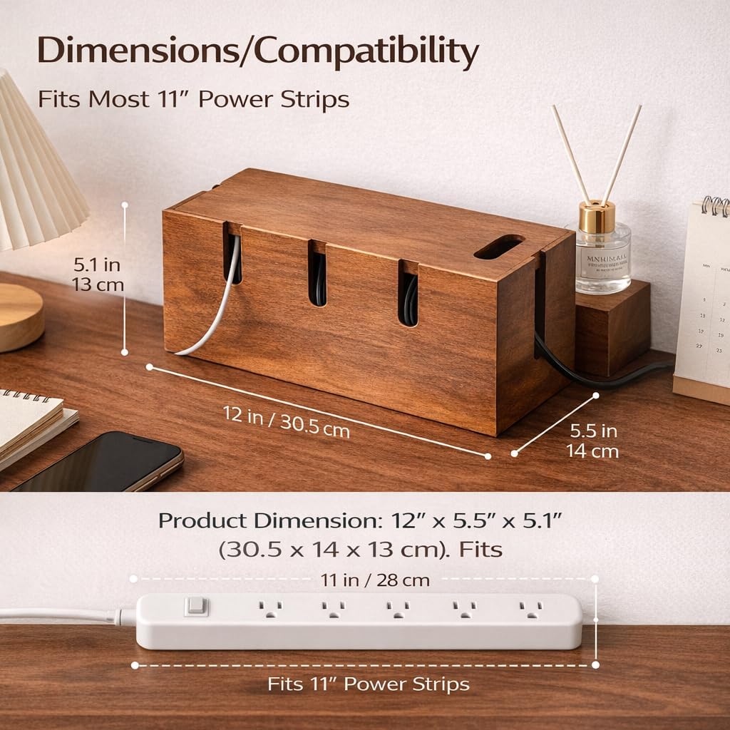 Large Acacia Wood Cable Management Box for Power Strips