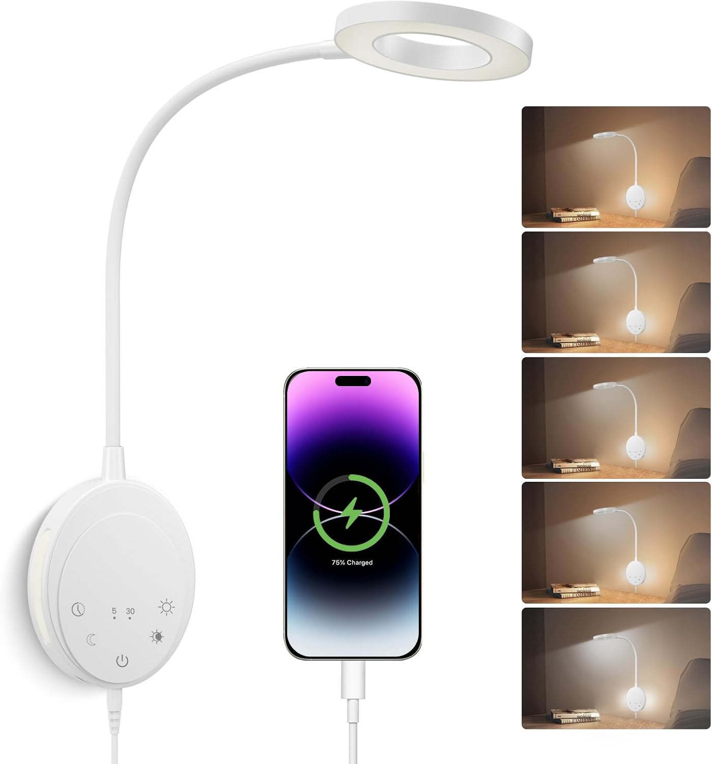 Wall Mounted Reading Light, Bedside Headboard Lights with 5 Color Temperature & 5 Dimming, 360 Flexible Gooseneck, USB Output, Night Light & Timer Function - Perfect for Reading (Black)