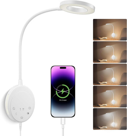 Wall Mounted Reading Light, Bedside Headboard Lights with 5 Color Temperature & 5 Dimming, 360 Flexible Gooseneck, USB Output, Night Light & Timer Function - Perfect for Reading (Black)