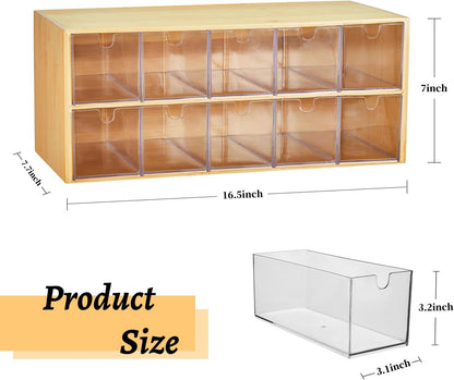 TIMIEEYA Tea Bag Organizer - Bamboo Tea Storage With Drawer 3 Layer, Organizer for Tea Bags Natural Wood & Acrylic for Countertop Office Kitchen Cabinet Pantry